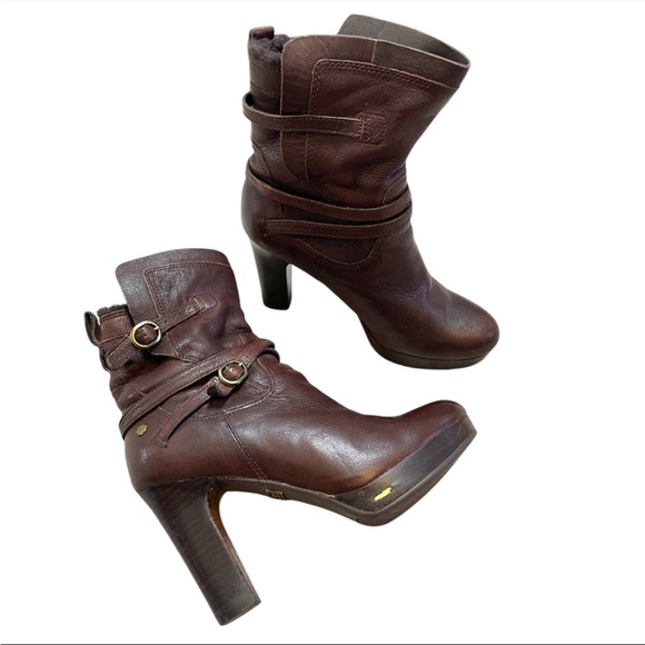 UGG Olivia Brown Leather High Heel Platform ankle Boots Sherpa  Women's US 6.5 - Picture 4 of 7